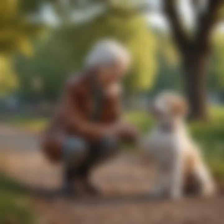 A small dog happily playing with an elderly individual in a park.