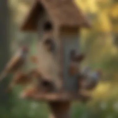 Sparrows and Finches Near Birdhouse Sparrows and finches engaging in their natural behavior around a birdhouse, highlighting the ecological benefits of artificial nesting sites.