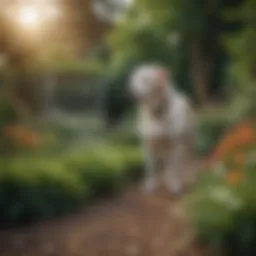 A dog exploring a garden with its owner, illustrating curiosity and natural instincts