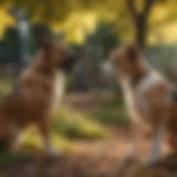 A calm dog interacting positively with another dog in a park setting