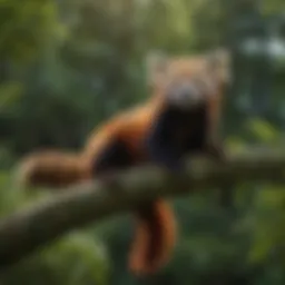 A red panda resting on a branch surrounded by lush greenery