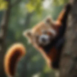 A red panda perched high in a tree, showcasing its climbing skills