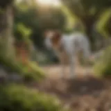 A dog sniffing around a garden area where a cat may roam.