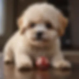 Maltipoo puppy playfully engaging with a toy