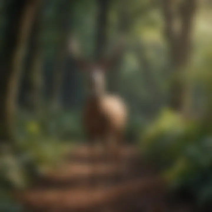 An overview of a garden with various deer deterrent strategies implemented