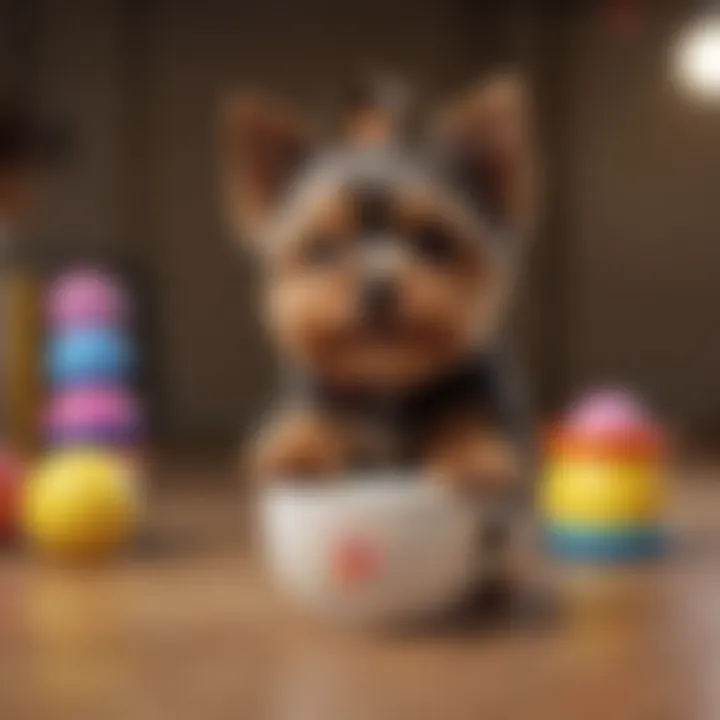 Adorable Teacup Yorkie playing with a colorful toy