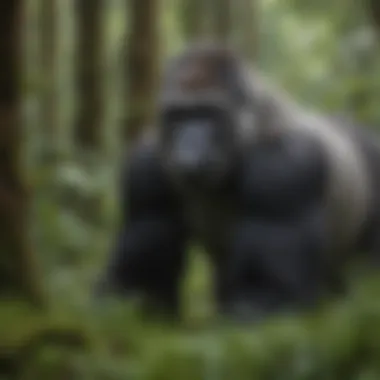 Silverback Foraging in Lush Forest A silverback gorilla foraging for food in the lush forest, emphasizing its role in the ecosystem.
