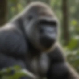 A majestic silverback gorilla in its natural habitat, showcasing its powerful physique and serene expression.