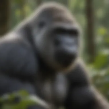A majestic silverback gorilla in its natural habitat, showcasing its powerful physique and serene expression.