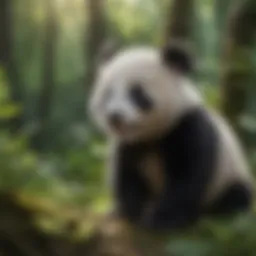 A playful baby panda in a lush green forest
