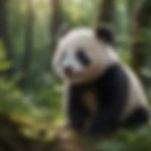 A playful baby panda in a lush green forest