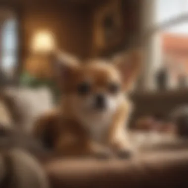 A Chihuahua relaxes in a cozy home environment
