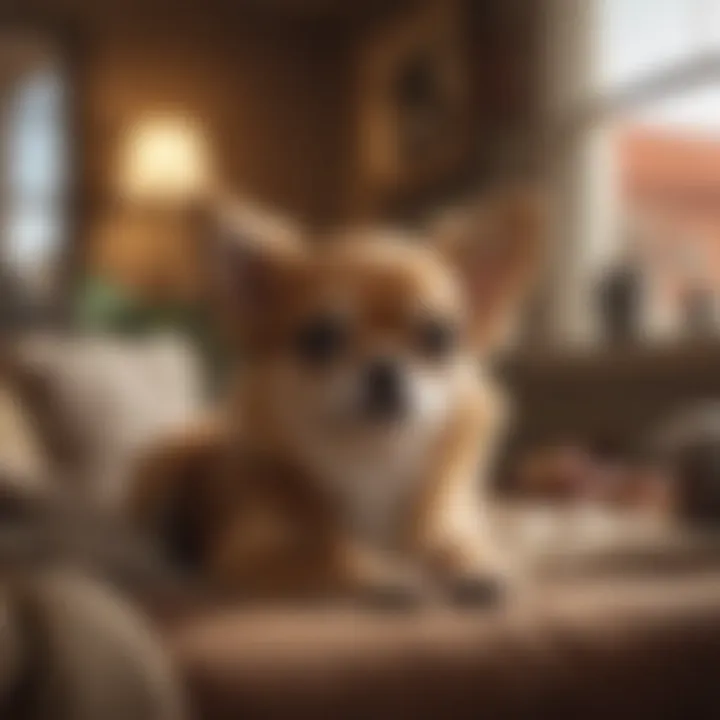 A Chihuahua relaxes in a cozy home environment