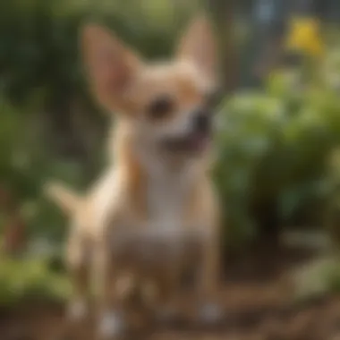 A playful Chihuahua in a vibrant garden setting