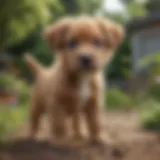 A playful large breed puppy exploring a garden