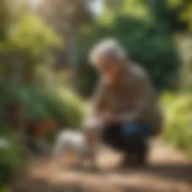 An elderly person bonding with a low-energy small dog in a sunny garden