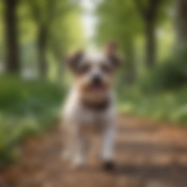 A happy low-energy small dog enjoying a calm walk in the park