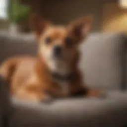 A serene low-energy small dog lounging comfortably on a sofa