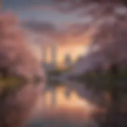 A breathtaking view of cherry blossom trees in full bloom against the iconic Washington D.C. skyline.