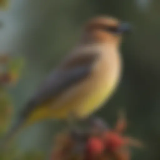 A close-up of a cedar waxwing perched on a branch, showcasing its vibrant plumage and distinctive crest.