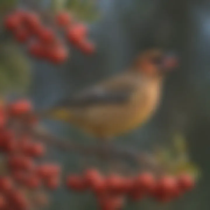 A group of cedar waxwings feeding on berries, highlighting their social behavior and dietary preferences.