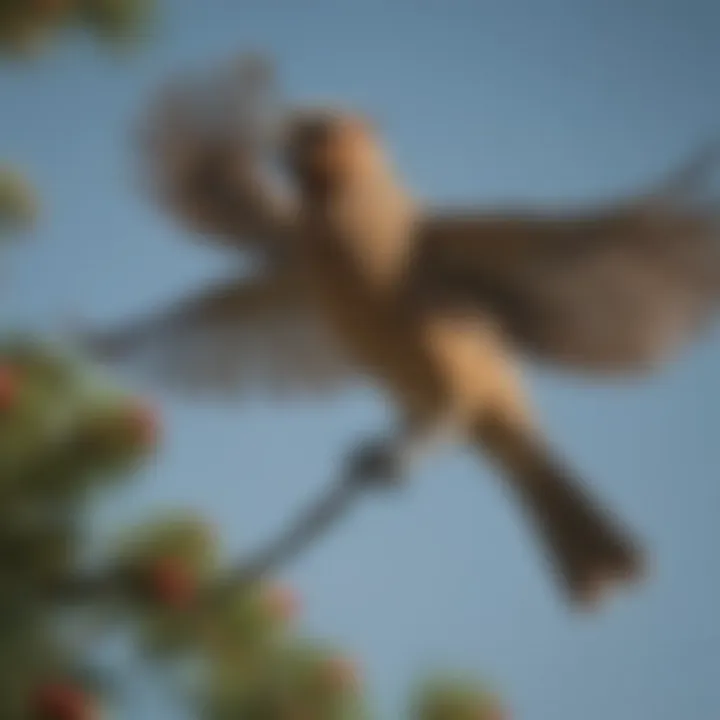 A cedar waxwing in flight, illustrating its graceful movement and elegant wingspan against a clear sky.