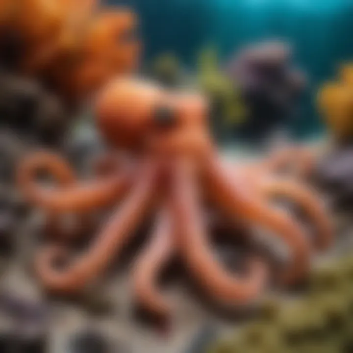 A vibrant octopus displaying its color-changing ability in a coral reef.