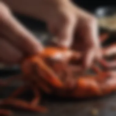 Mastering the Art of Peeling Crawfish Close-up of a hand skillfully peeling crawfish