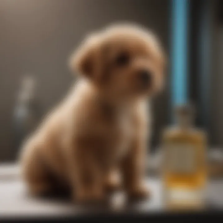 Different types of puppy-safe perfumes on a grooming table