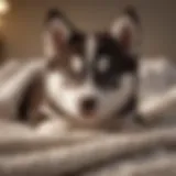 A purebred Husky puppy resting on a plush blanket.