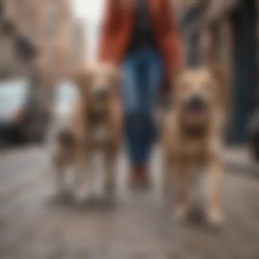 A skilled dog walker guiding two dogs through a bustling city street.