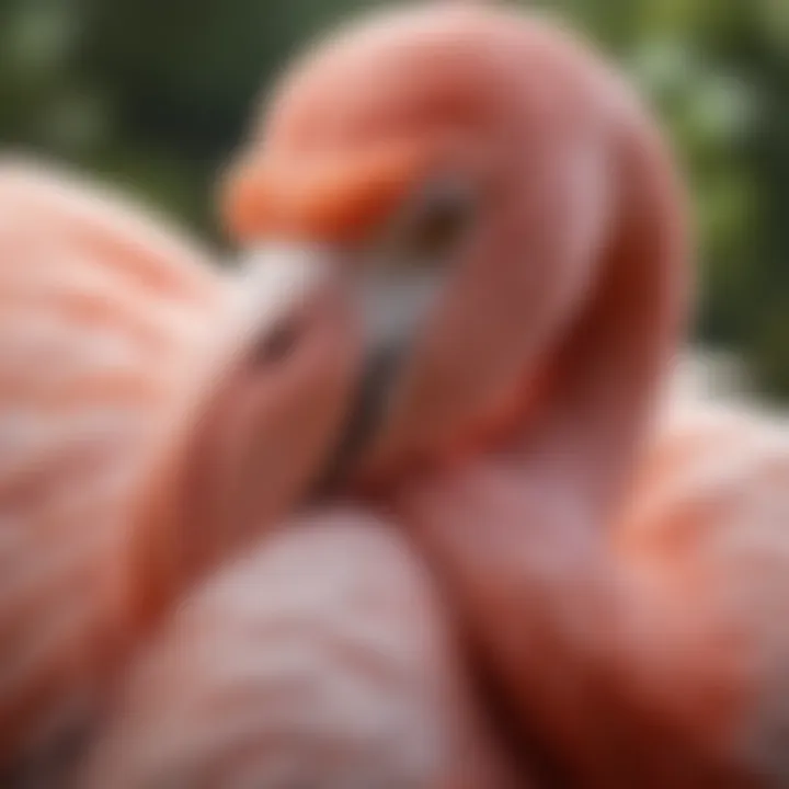 A close-up view of a flamingo with its unique beak, highlighting its distinct features.