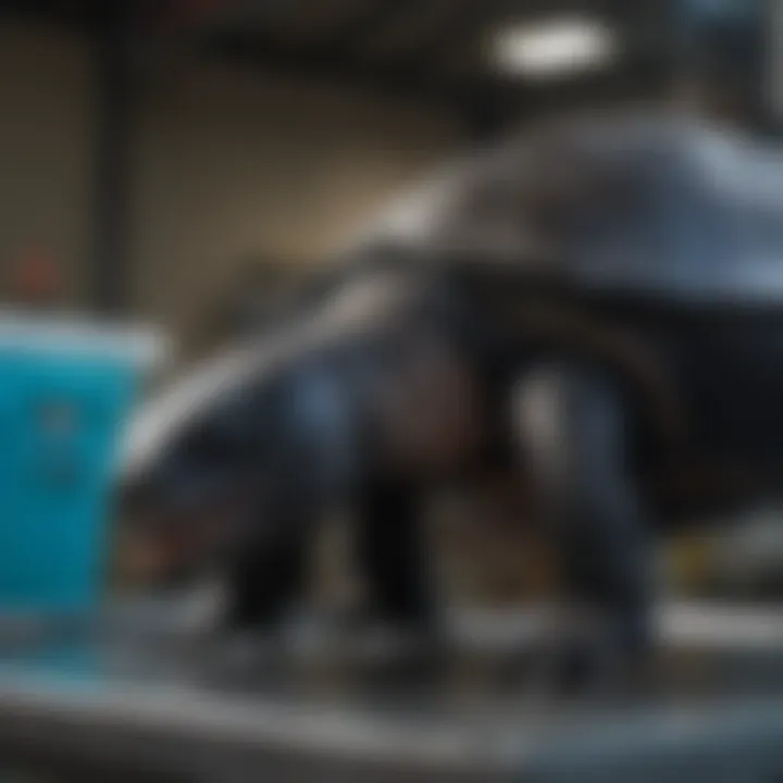 Leatherback turtle being weighed at research facility