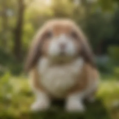 Holland Lop in a Natural Environment A serene setting with a Holland Lop relaxing in a lush garden, highlighting its natural habitat.
