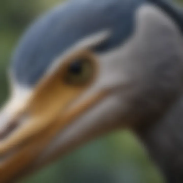 A close-up view of the intricate details on a blue heron decoy