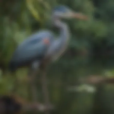A beautifully crafted fake blue heron decoy placed near a serene pond