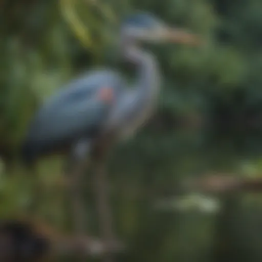 A beautifully crafted fake blue heron decoy placed near a serene pond