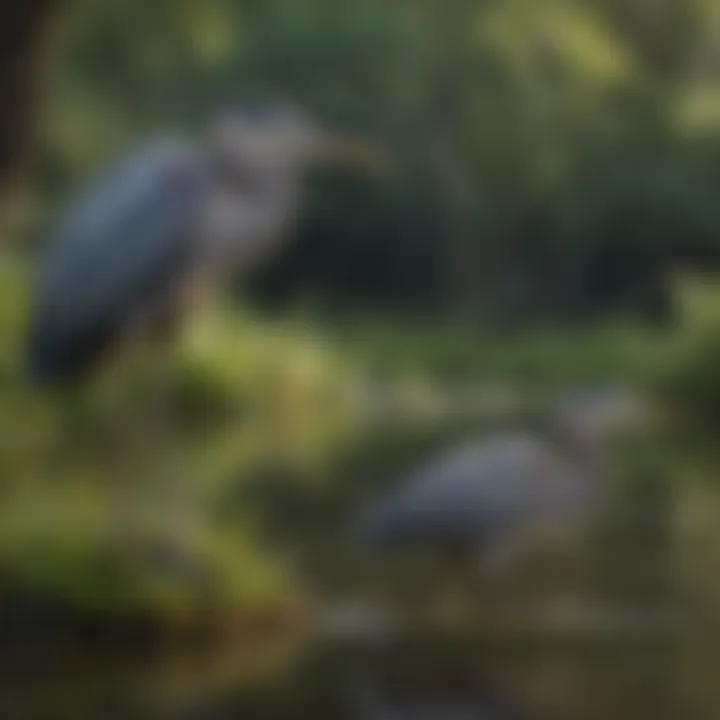 A tranquil wetland scene featuring multiple decoys set up for wildlife observation