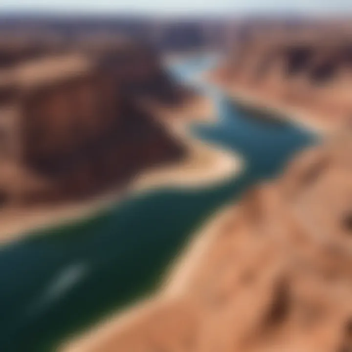 Aerial view of Lake Powell showcasing its vast expanse and fluctuating water levels.