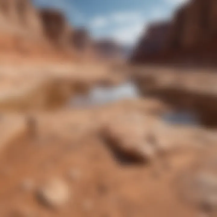 A dried-up section of Lake Powell revealing cracked soil and exposed rock formations.