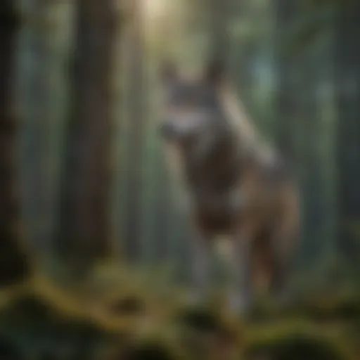 A majestic wolf standing in a dense forest, showcasing its natural habitat.