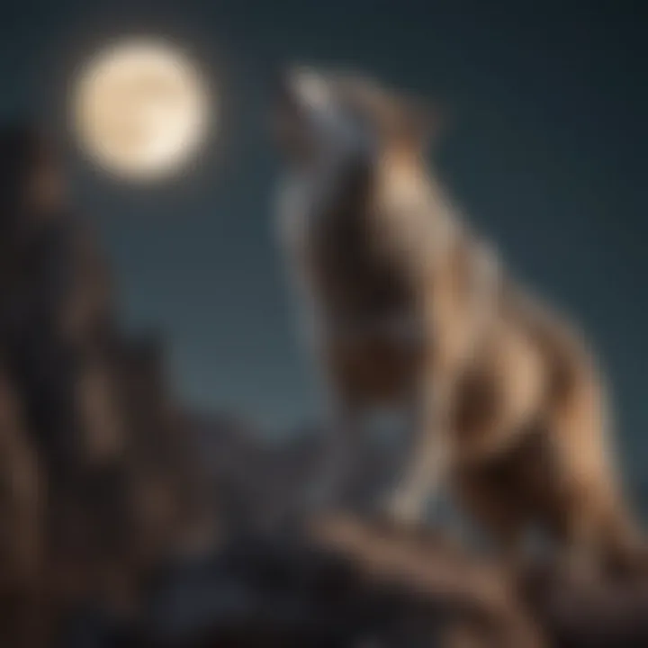 A wolf howling at the moon on a rocky outcrop, symbolizing its territorial nature.