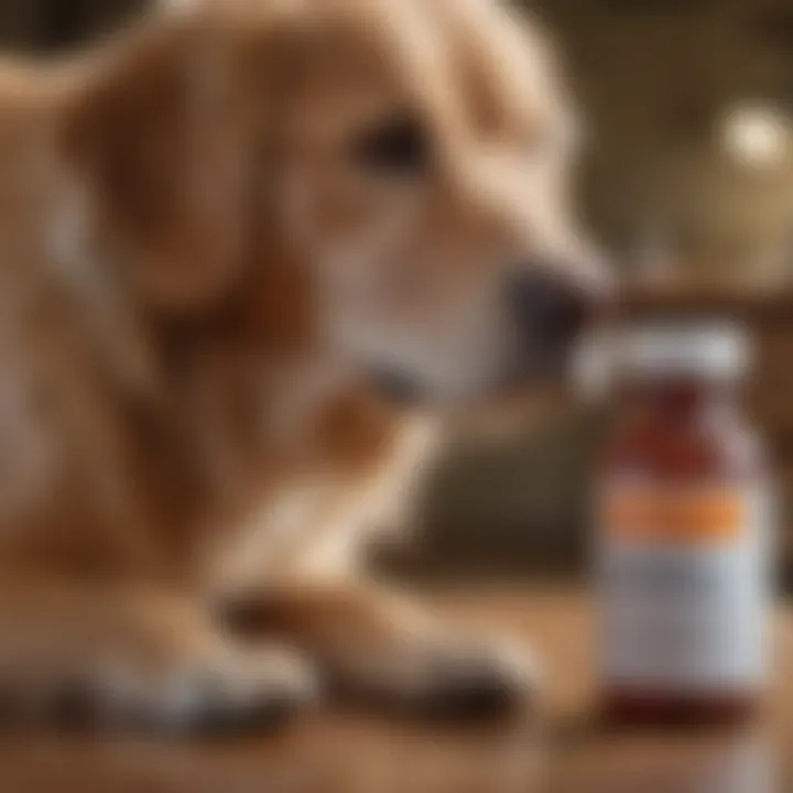 A veterinarian examining a dog with a bottle of melatonin supplements in the background.