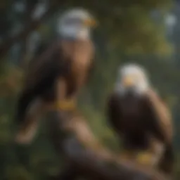 A pair of eagles perched majestically on a tree branch, displaying their intricate feather patterns.