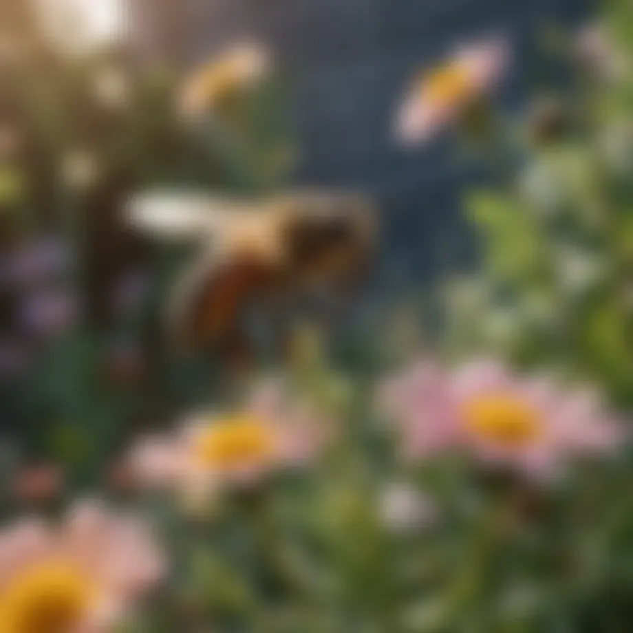 Honey bee on a flower in an urban garden