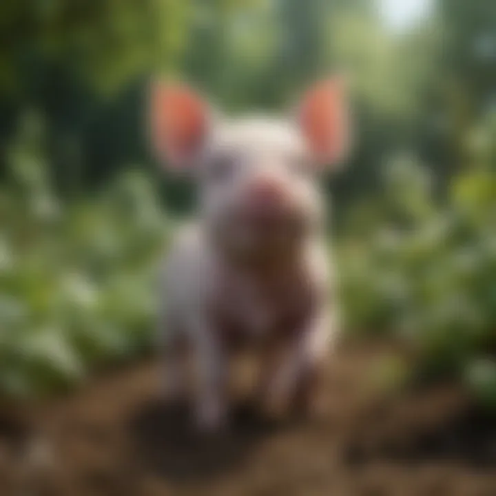 A mini piglet exploring a lush garden, showcasing its curious nature