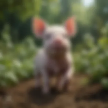 Curious Mini Piglet Exploring a Garden A mini piglet exploring a lush garden, showcasing its curious nature