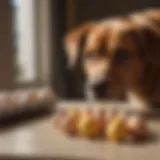 A dog curiously observing eggs on a table