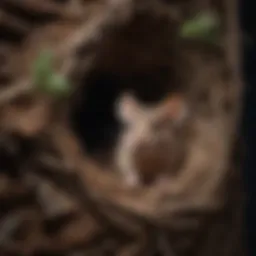 Detailed view of a mouse nest in a wall cavity