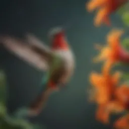 A vibrant hummingbird hovering near a blooming flower